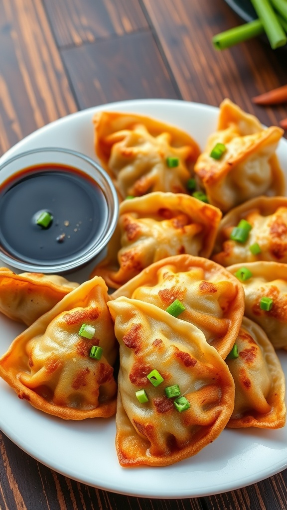 Crispy pork gyoza on a plate with soy sauce, garnished with green onions.